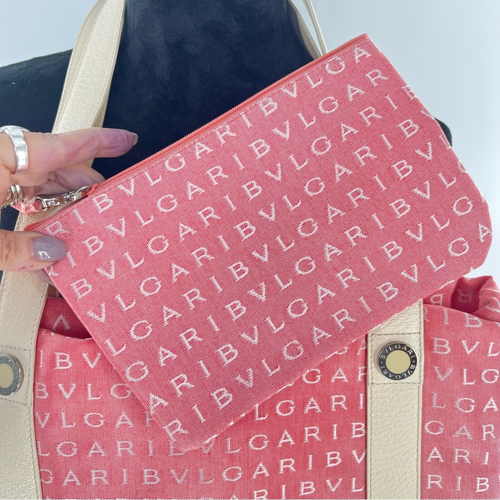 Bvlgari Agatha Jacquard Fabric/Leather Shopping Tote Medium Salmon/Cream w/Pouch - Picture 15 of 17